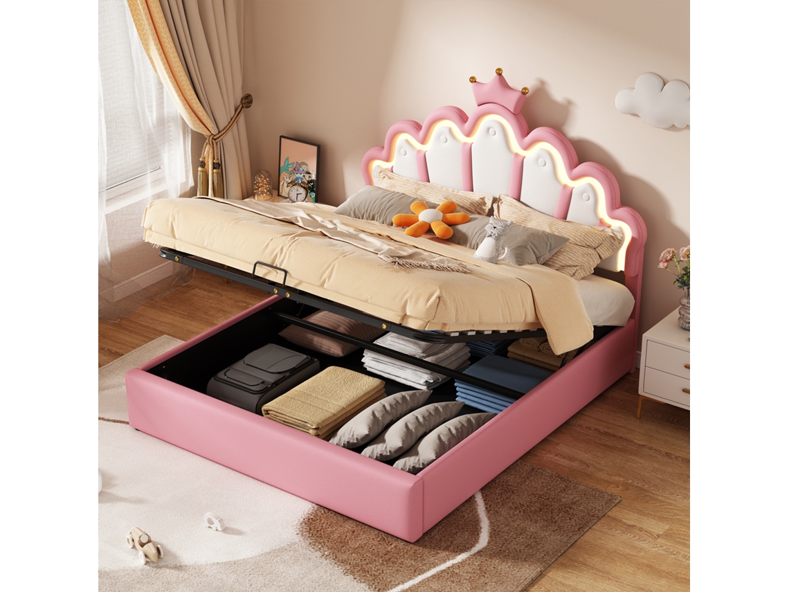 Cama Princesa 140x200 Com Led E Cabeceira Coroa Rosa