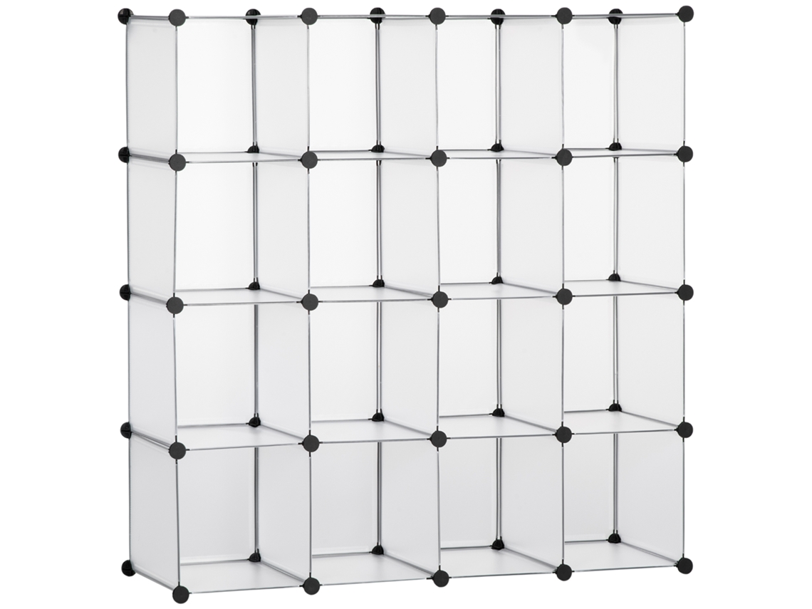 Sistema De Prateleiras Modular Diy Com 16 Cubos Em Plástico Branco 125x32x125cm Ideal Para Quarto Infantil E Sala De Estar Quenty