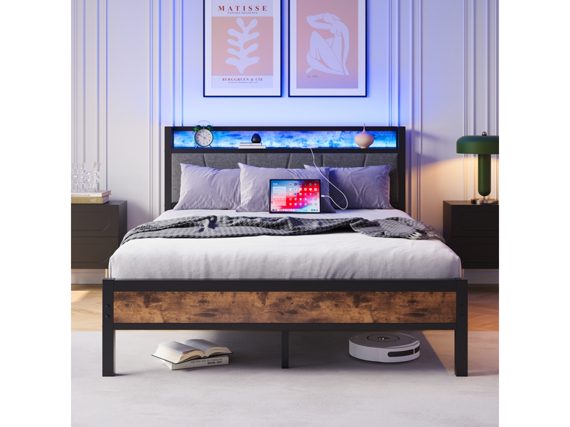 Camas ROLIPO Estrutura de Metal com Led e Usb 120x200 Cm Preto