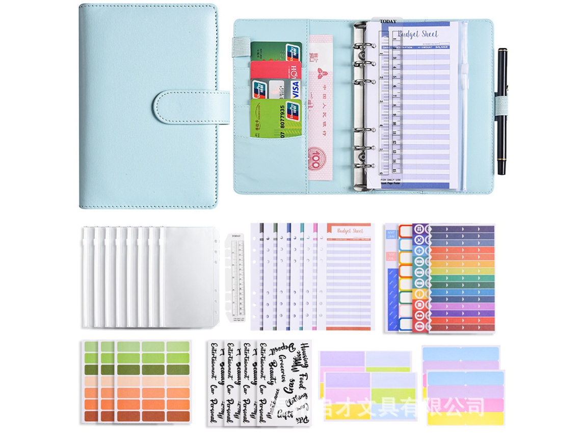 A6 Pu Leather Cash Budget Planner Binder With Zipper Pouch Blue Luxury Gift Set Cards + Pouches Stickers