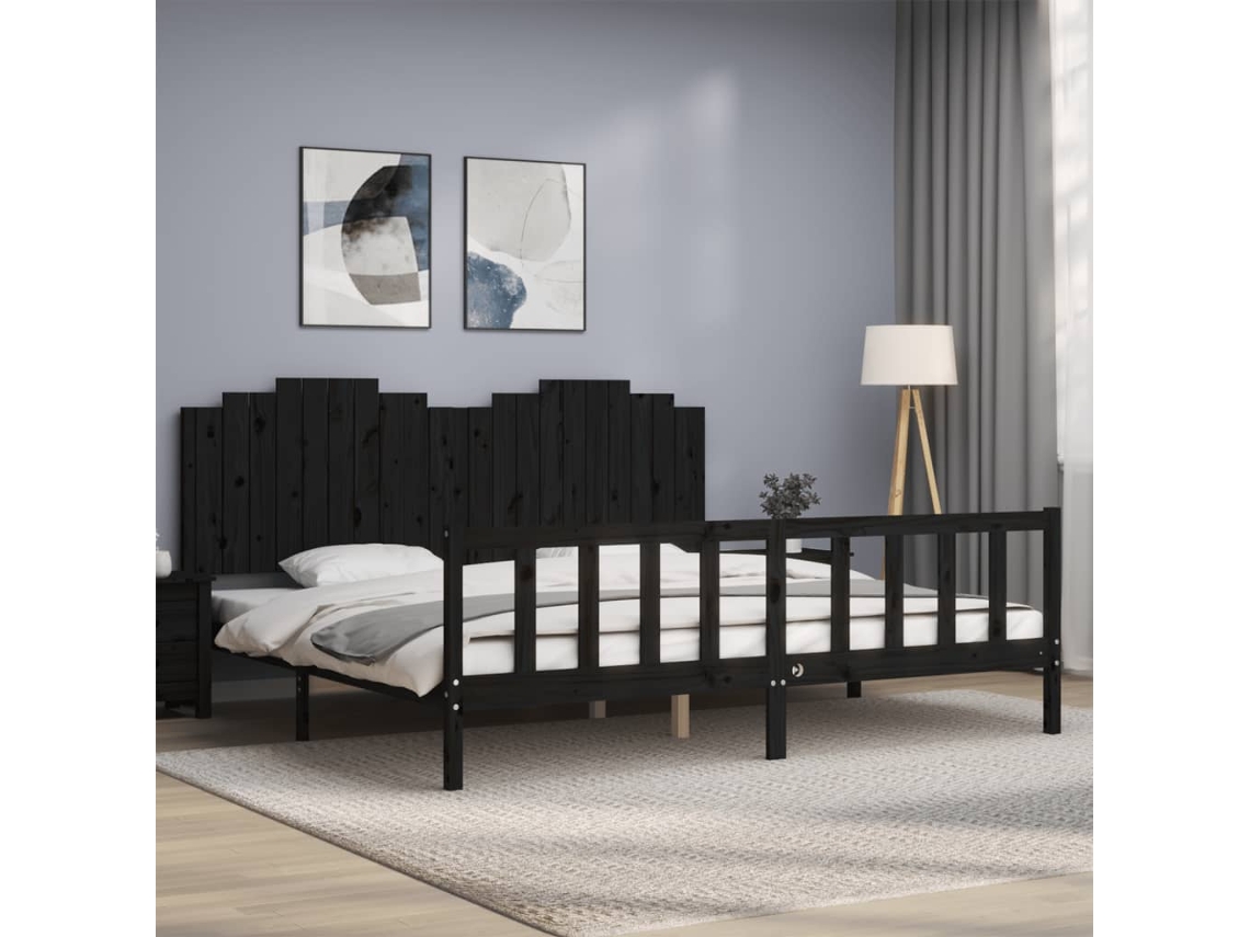 Estrutura De Cama Com Cabeceira 200x200 Cm Madeira Maciça Preto