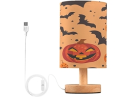 Luminária de mesa Skyshu LED em formato de cabeça de abóbora de Halloween, tamanho pequeno, com fonte de alimentação USB e base de madeira.