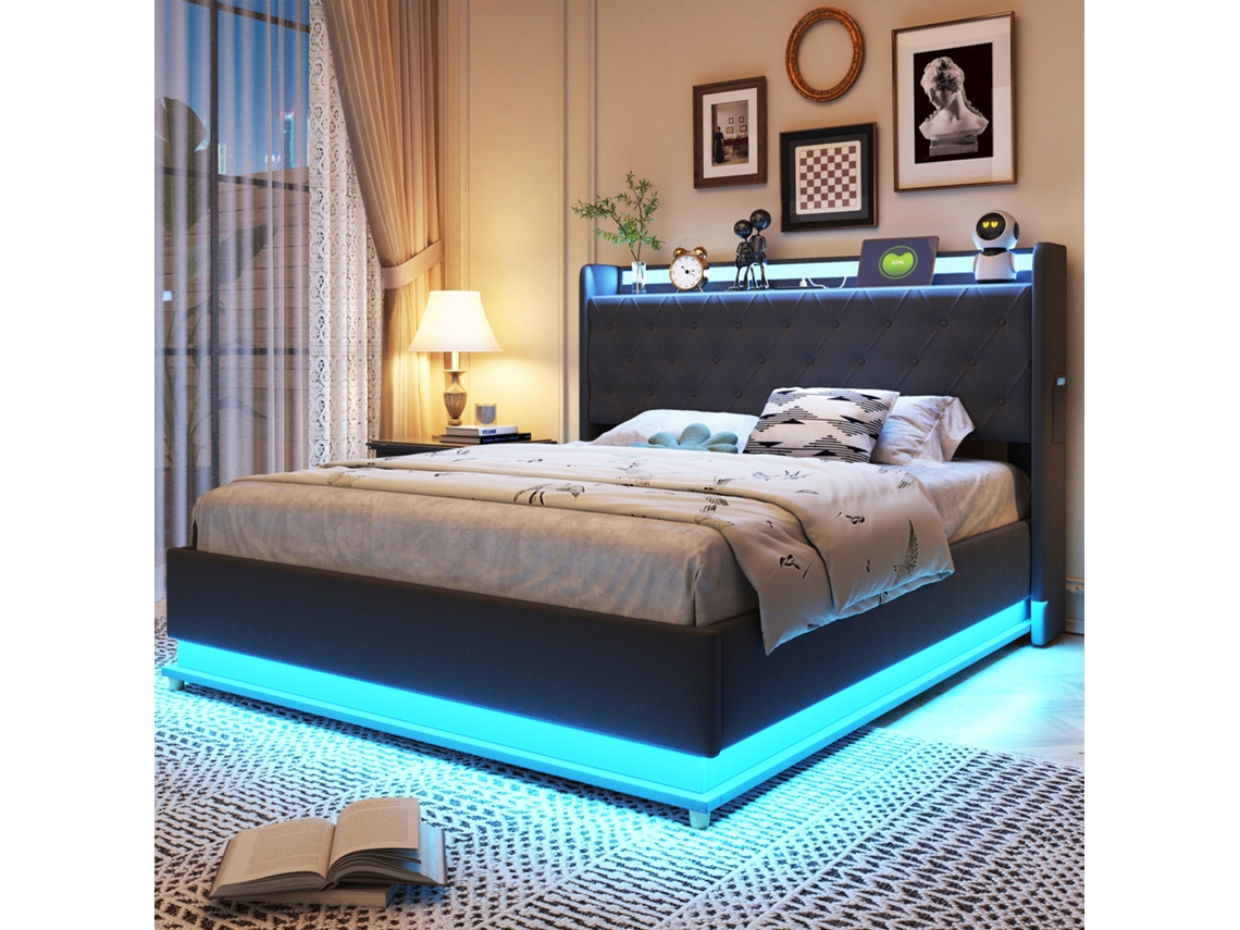Cama Estofada 140x200 Led Usb Hidráulica Linho Cinza