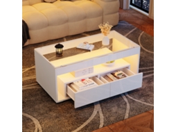 Mesa Centro Branca 100x50x40cm, Led, 2 Gavetas, Vidro, Alto Brilho.-hw
