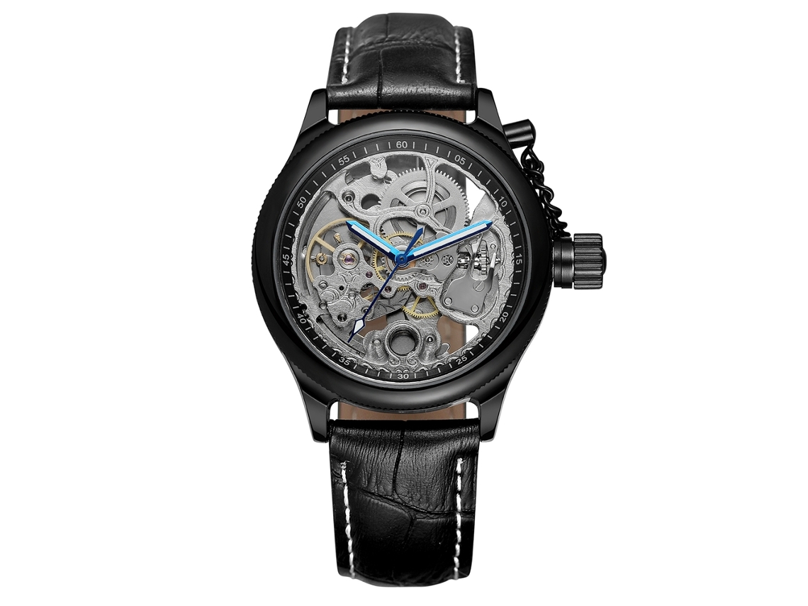 Relógio masculino automático mecânico elegante com pulseira de couro PU (prateado e preto)