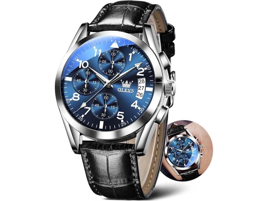 Relógio Masculino de Couro com Mostrador Grande Cronógrafo de Quartzo À Prova DÁgua com Dataazul
