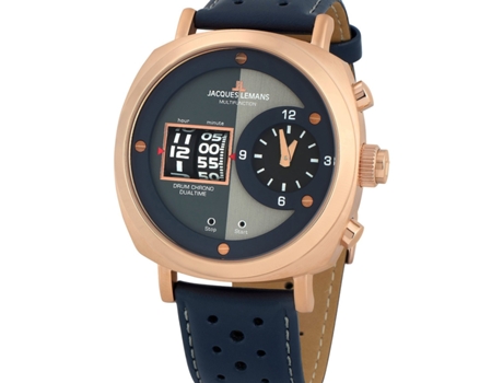 Relógio masculino azul couro real Lugano 1-2058D JACQUES LEMANS