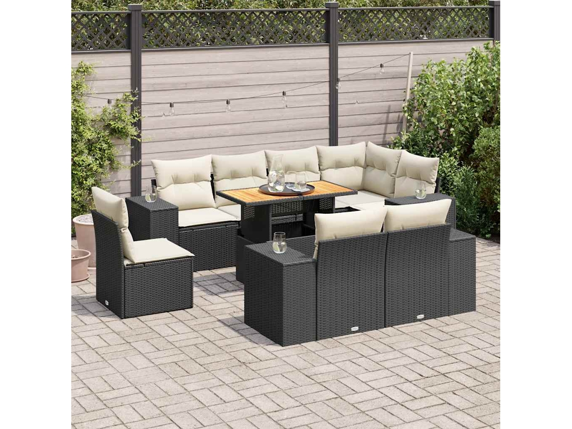 Vidaxl 9 Pcs Conjunto De Sofás P/ Jardim C/ Almofadões Vime Pe Preto