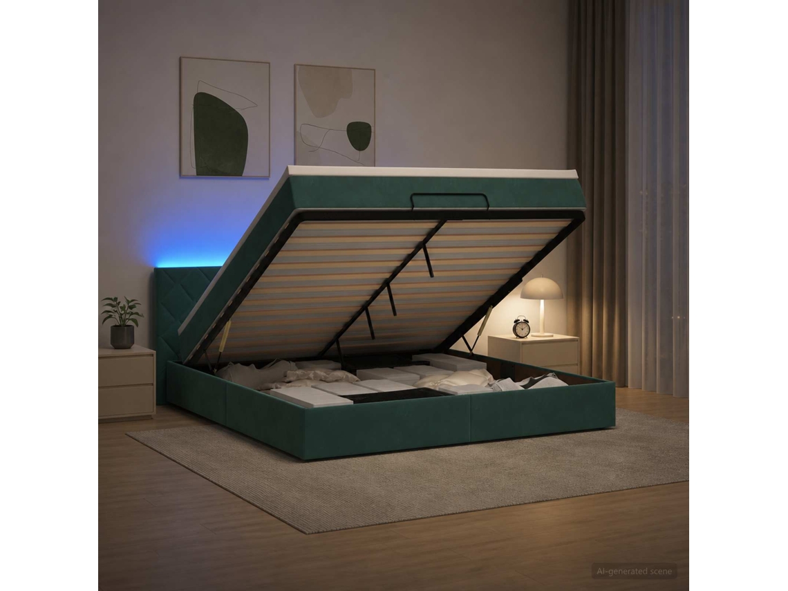 Vidaxl Cama Ottoman Com Colchão E Led Verde-escuro 140 X 190 Cm Veludo