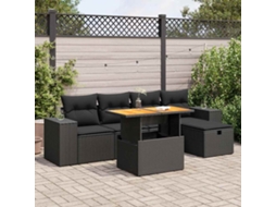Vidaxl 6 Pcs Conjunto Sofás Jardim C/ Almofadões Vime Pe/acácia Preto