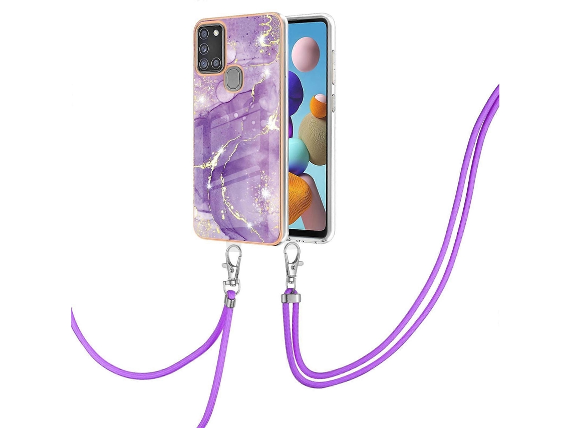 Capa De Tpu Imd Com Padrão De Mármore Eletroplaqueado E Resistente A Impactos Para Samsung Galaxy A21s, Com Cordão Para Pescoço.