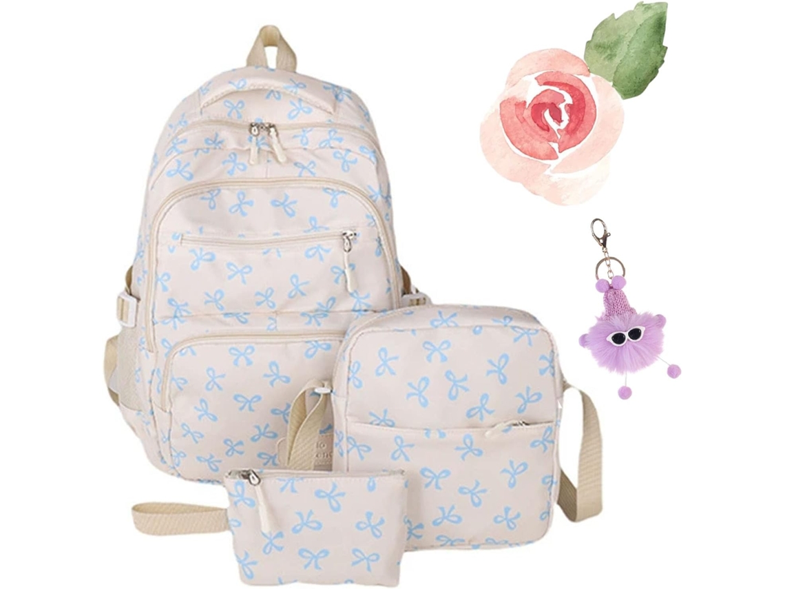 Conjunto 3 Mochilas Femininas Com Laços, Escolares Estilosas, Grande Capacidade, De Nylon, Design Kawaii