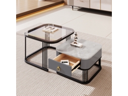 Mesa de centro empilhável Liptaptyn de duas peças com design de mármore brilhante, tampo de vidro, pernas e gavetas pretas.