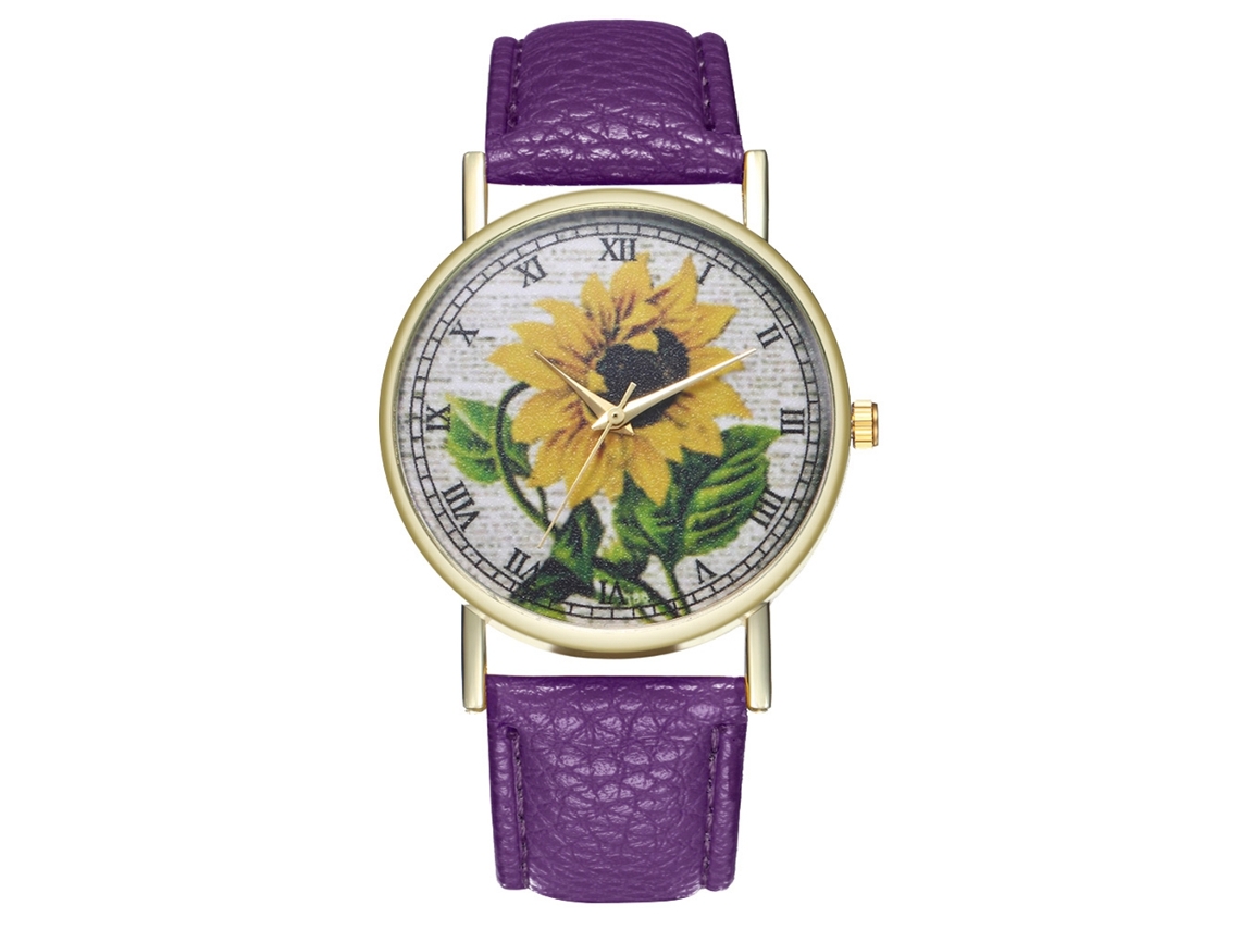 Reloj De Cuarzo Con Correa De Piel Pu, Patrón De Girasol, Números Romanos, Unisex (morado)