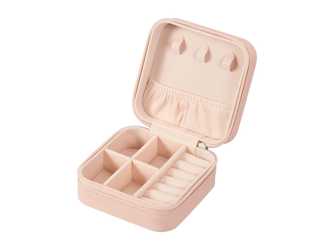 Caixa De Jóias De Couro Ecológico Portátil Divisórias Desmontáveis Rosa 10x10x5cm