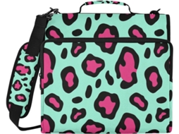 Bolsa com 3 argolas com estampa de leopardo, azul magenta, 3,8 cm, com zíper, alça de ombro e alça transversal, fácil de transportar.