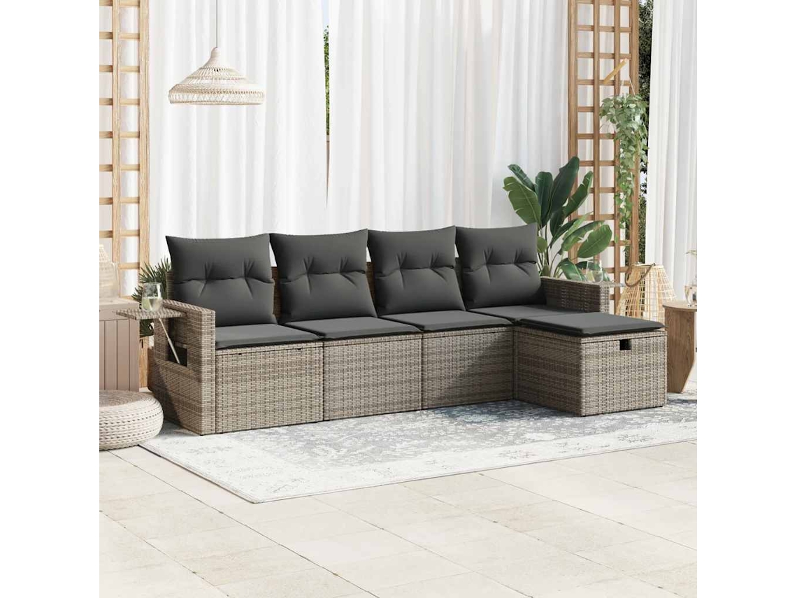 Vidaxl 5 Pcs Conjunto Sofás De Jardim C/ Almofadões Vime Pe Cinzento