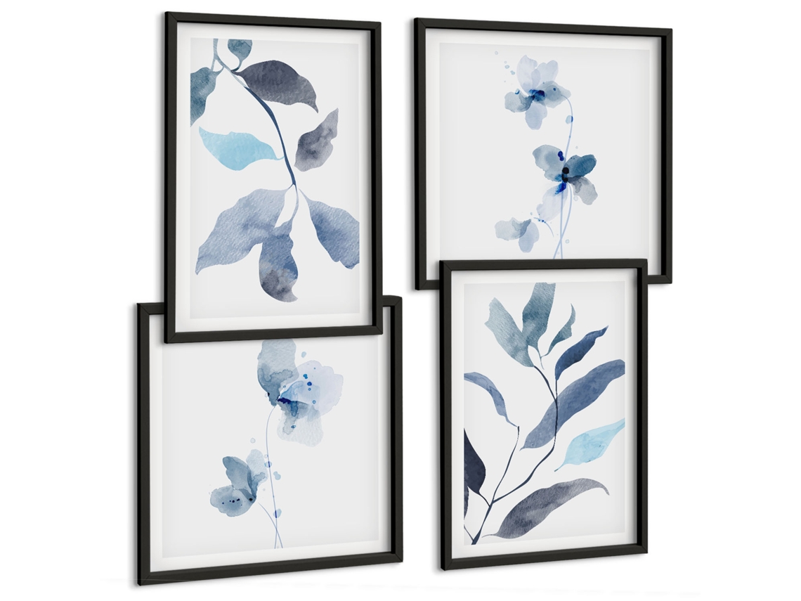 Composição De Quadros Acentos Vegetais Azuis Espelharte (4 Peças)