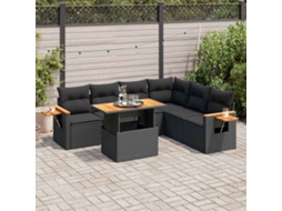 Vidaxl 7 Pcs Conjunto Sofás Jardim C/ Almofadões Vime Pe/acácia Preto