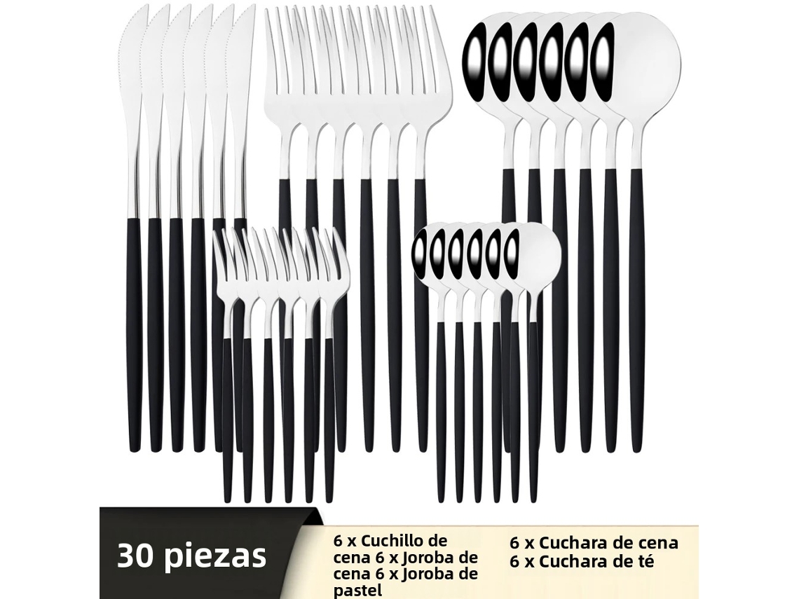 Conjunto de Talheres de Aço Inoxidável com 30 Peças: Faca, Garfo, Colher, Talheres e Utensílios de Prata. MDUG (preto e Prata)