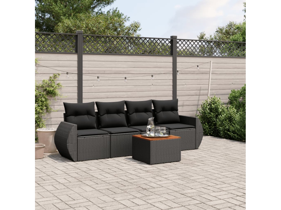 Vidaxl 5 Pcs Conjunto Sofás De Jardim Com Almofadões Vime Pe Preto