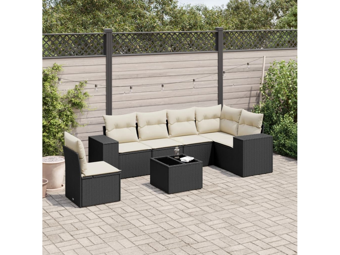 Vidaxl 7 Pcs Conjunto De Sofás P/ Jardim C/ Almofadões Vime Pe Preto
