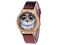Relógio de quartzo com pulseira de PU, mostrador com desenho de coruja e caixa de madeira, Zhoulianfa F-448 Café