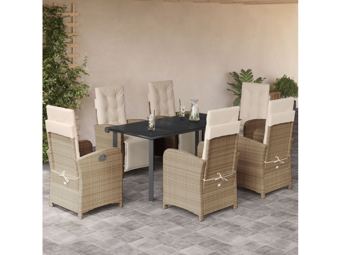 Conjunto 7 Peças Jantar P/ Jardim Com Almofadões Vime Pe Bege Dkd Home Decor