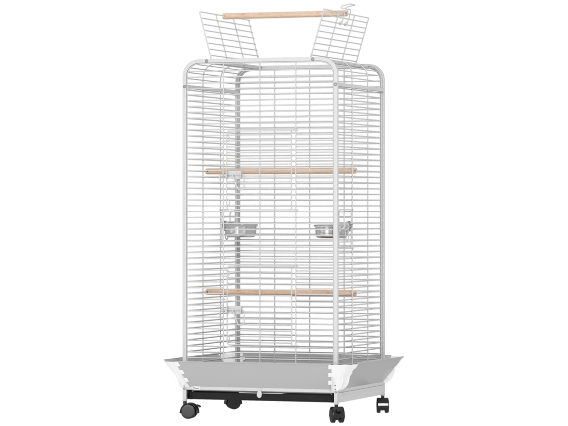 Gaiola Para Pássaros Para Papagaios Com Rodas Poleiros Comedouro E Bandeja Amovível 79x73x146 Cm Cinza Claro
