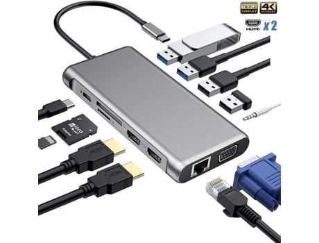 Hub Usb C, Adaptador 12 Em 1 Com Dual 4k-hdmi, Vga, Usb 3.0, Usb 2.0, Porta Pd, Ethernet Rj45, Leitura De Cartão Sd/tf, Aux 3,5mm Áudio