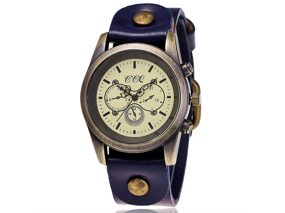 Relógio unissex retrô moderno com pulseira de couro PU na cor bronze (azul)