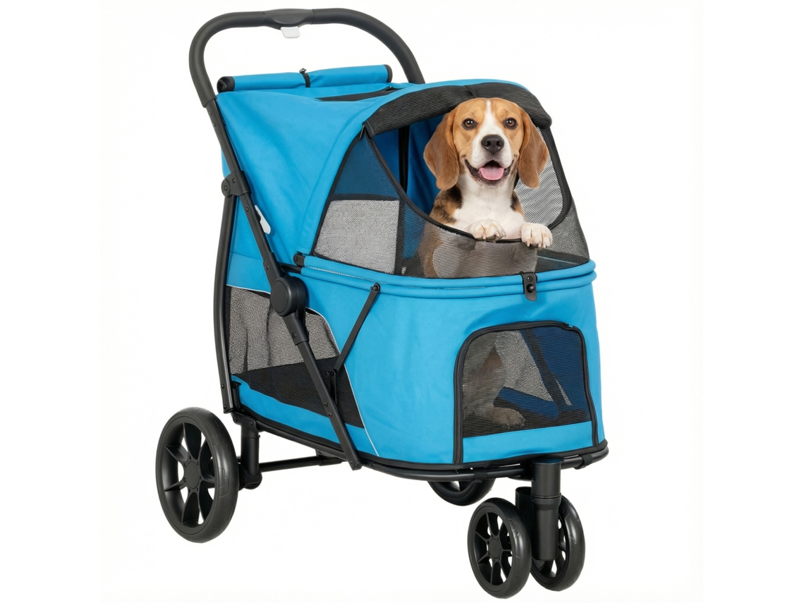 Carrinho dobrável para cães com 3 rodas, janelas de rede, almofada lavável, carga até 20 Kg, 92x63x95 Cm azul S/MARCA