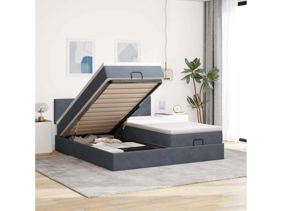 Moldura de Cama Otomana Vidaxl com Colchão Cinza Escuro Veludo