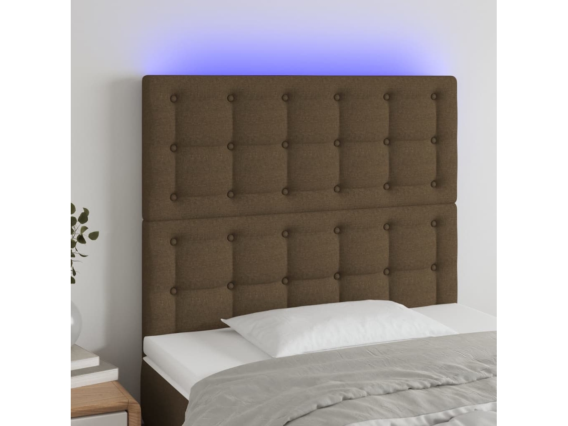 Cabecero con luces LED, tela, 80x5x118/128cm, marrón