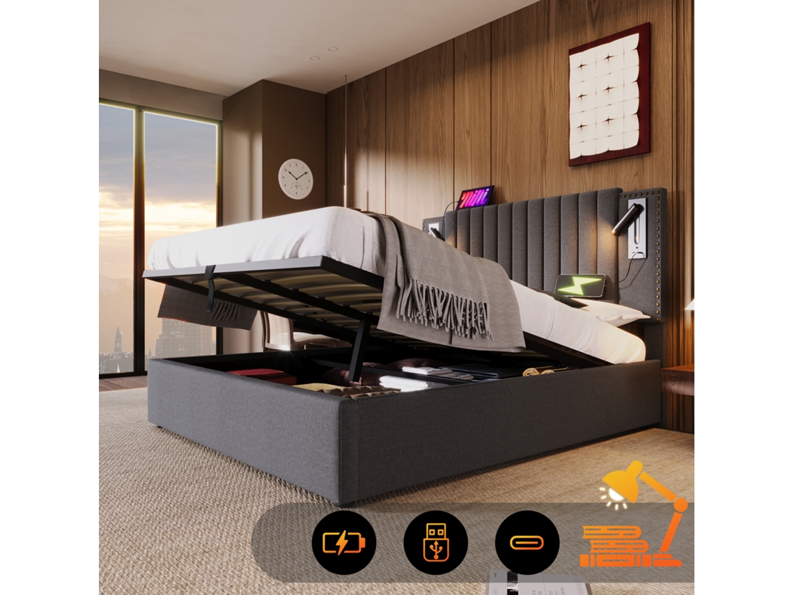 Cama Casal Cinza 160x200cm Estofada, Algodão, Led Leitura, Usb, Rebites (s/ Colchão).-op