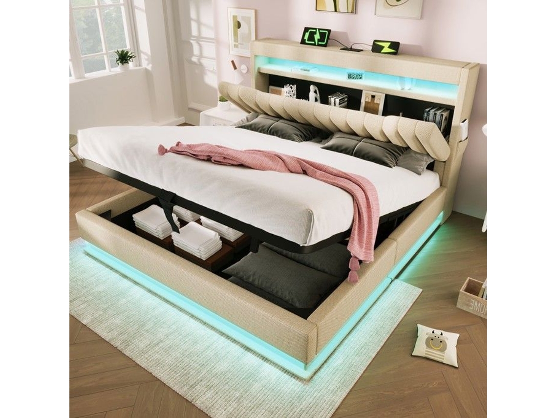 Cama Capitonê Dupla - Minimal - 140x190 Bege Linho Usb-c Led Com Baú Hidráulico E Ripas