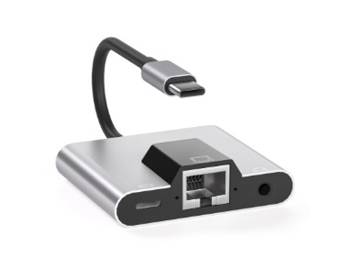 Adaptador De Rede Lan Usb Type-c Para Ethernet, Hub Usb-c Para Áudio Pd De 3,5 Mm