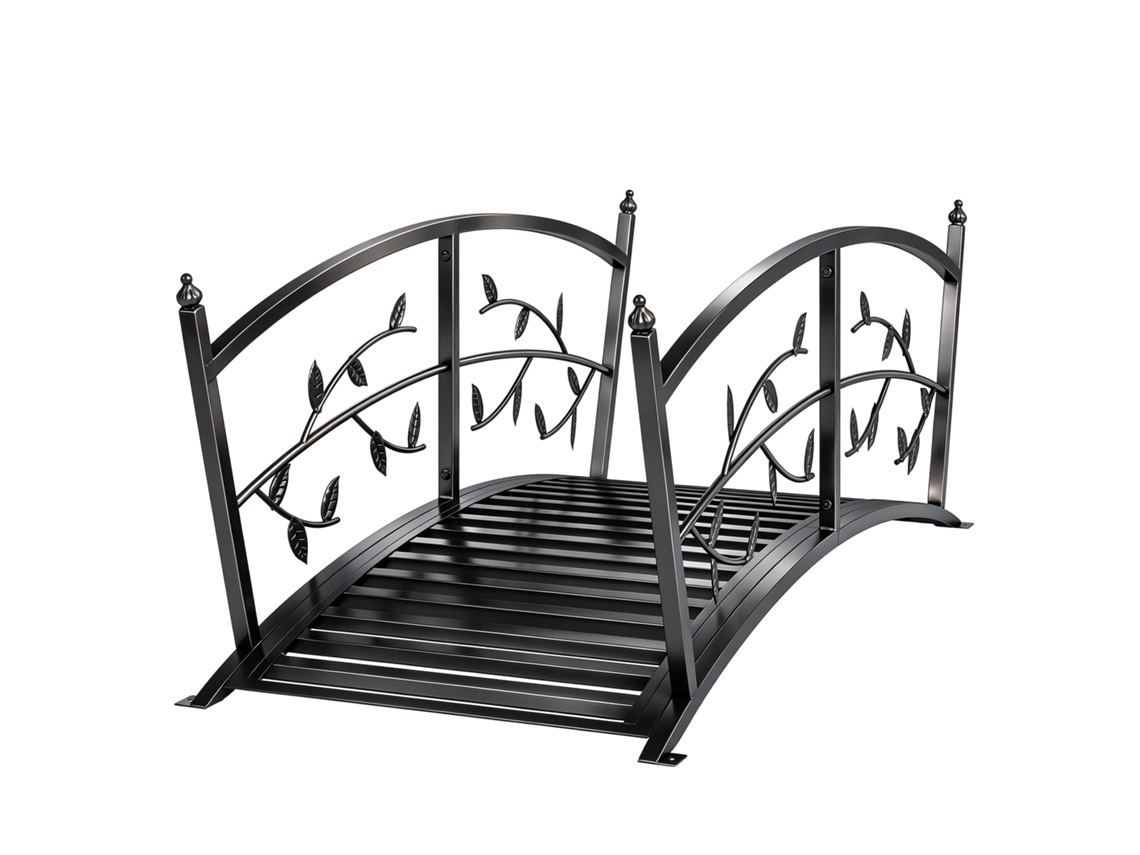Ponte De Jardim Metálica 1,2 M Decorativa Para Lagos Com Corrimãos De Segurança E Design De Folhas Preto