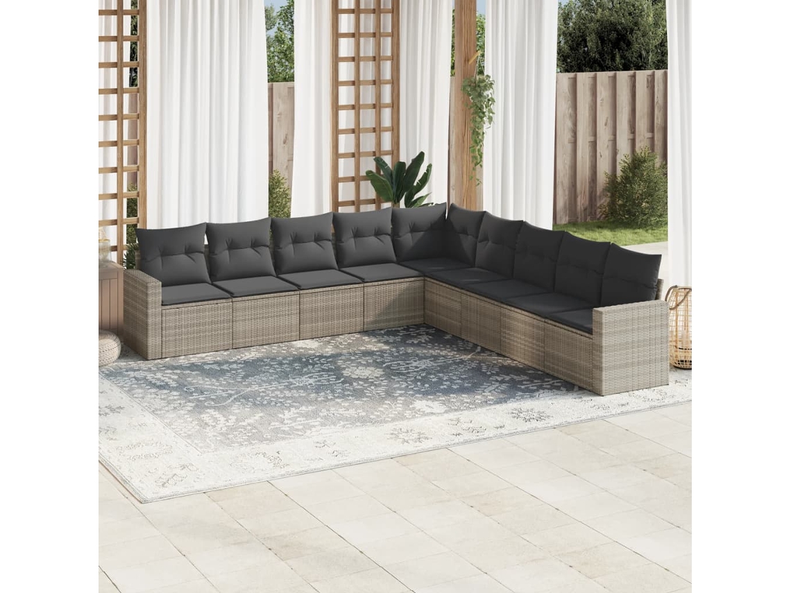 Vidaxl 9 Pcs Conj. Sofás Jardim Com Almofadões Vime Pe Cinzento-claro