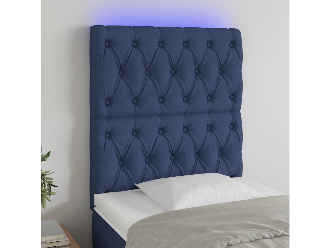 Vidaxl Cabeceira De Cama C/ Luzes Led Tecido 80x7x118/128 Cm Azul