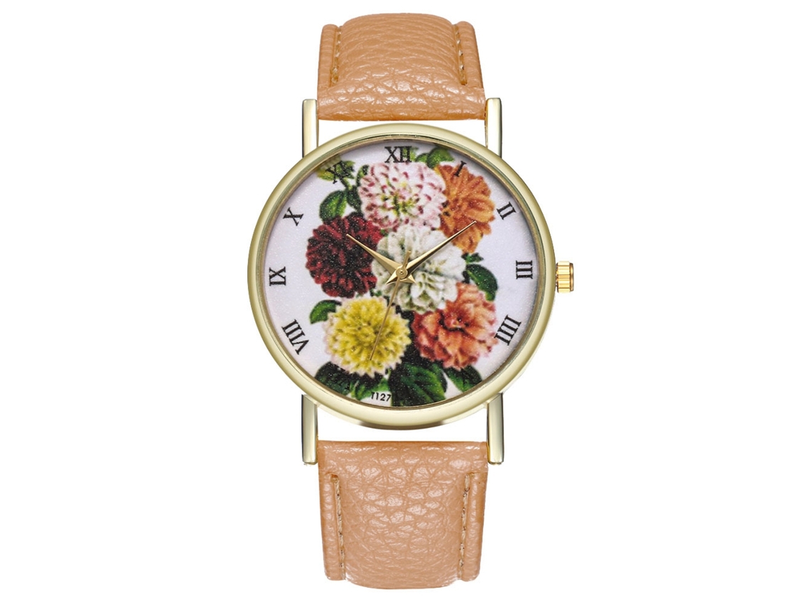 Relógio de Pulso Feminino Analógico de Quartzo com Pulseira Pu Padrão Floral Bege