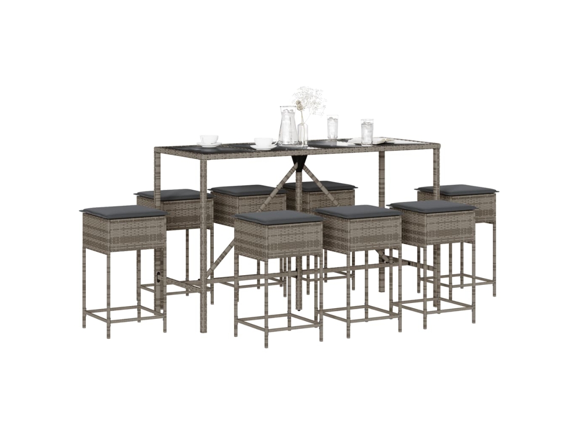 Vidaxl 9 Pcs Conjunto de Bar P/ Jardim C/ Almofadões Vime Pe Cinzento