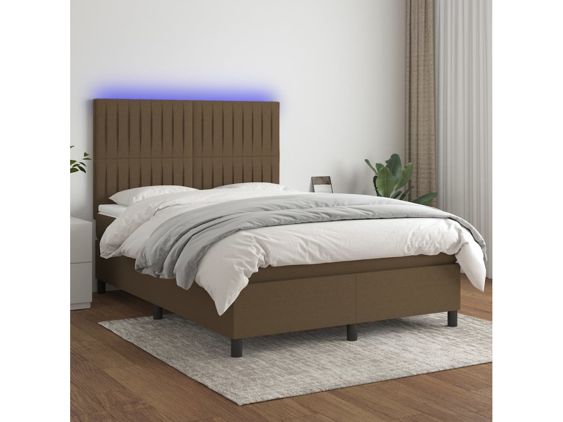 Cama Box Spring C/ Colchão/led 140x200cm Tecido Castanho-escuro