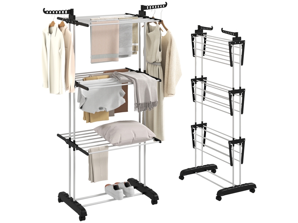 Estendal Dobrável para Roupa com Rodas Estendal Vertical de Aço com 3 Níveis Laterais Dobráveis 73x64x177cm Preto e Branco BTFORUS