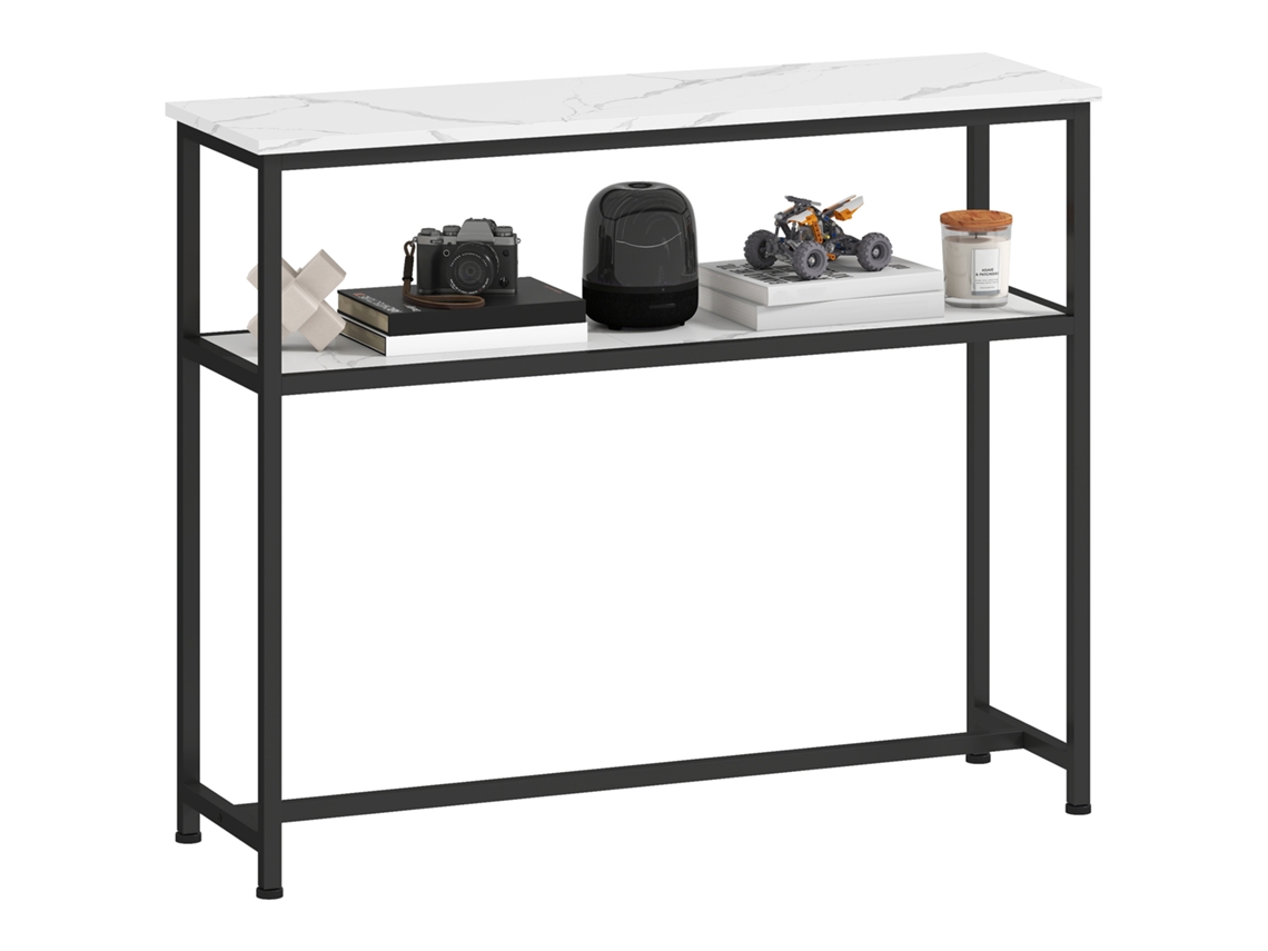 Mesa Consola Moderna Consola Estreita com Superfície com Efeito Mármore Prateleira Aberta e Estrutura de Metal 100x30x81 Cm Branco Ge