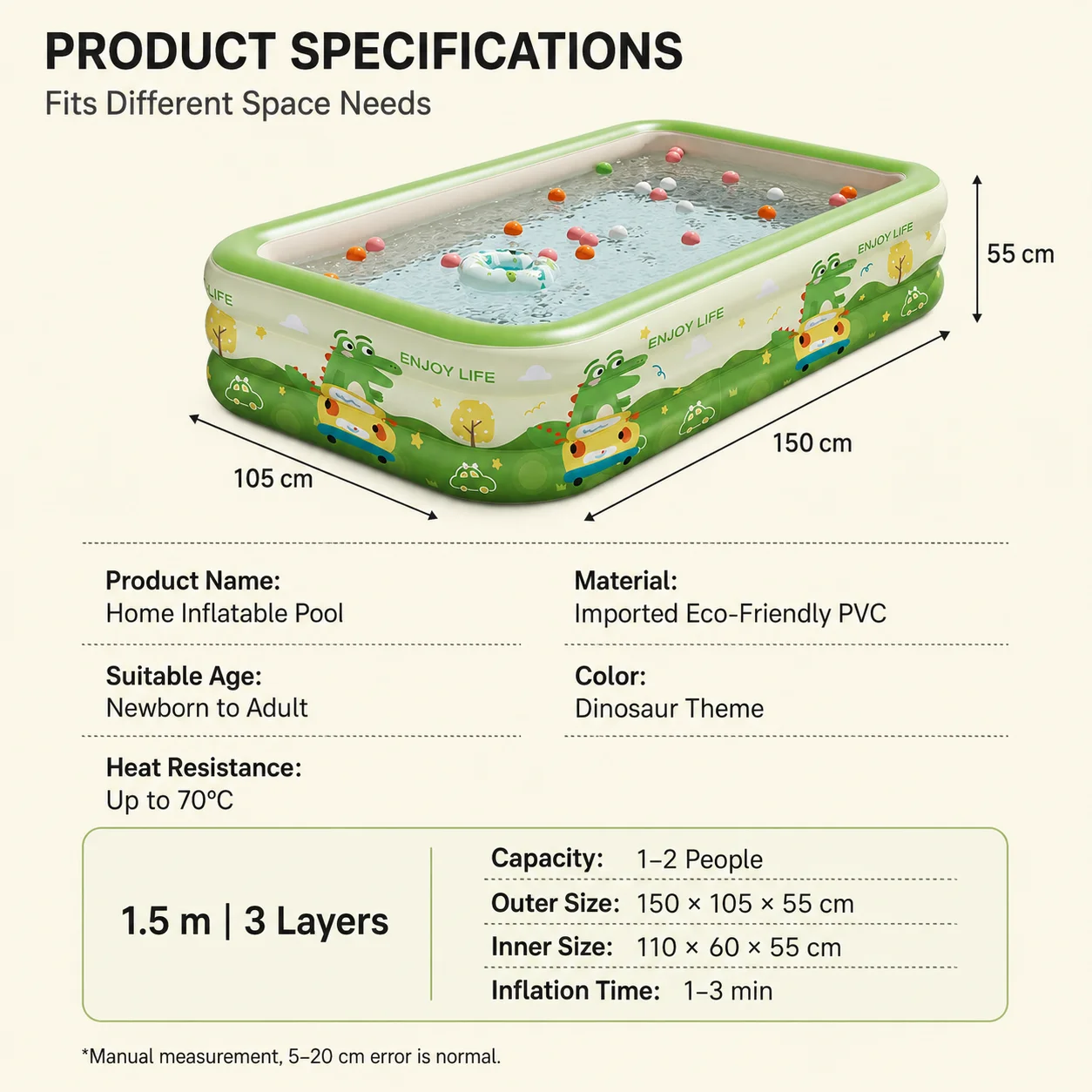 Piscina Inflável (150x105x55cm), Ideal Para Uso Doméstico E Para Brincadeiras Aquáticas Na Praia, Tanto Em Ambientes Internos Quanto Externos.