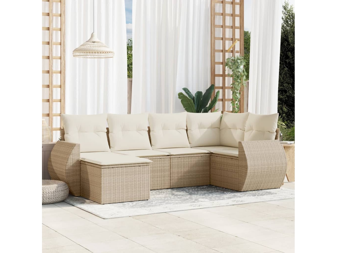 Vidaxl 6 Pcs Conjunto De Sofás P/ Jardim Com Almofadões Vime Pe Bege