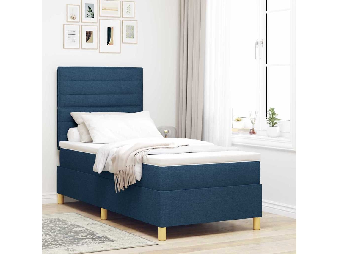 Vidaxl Cama Box Spring Led Com Cabeceira Azul 90 X 200 Cm Tecido