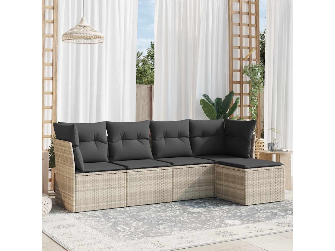 Vidaxl 5 Pcs Conj. Sofás Jardim C/ Almofadões Vime Pe Cinzento-claro