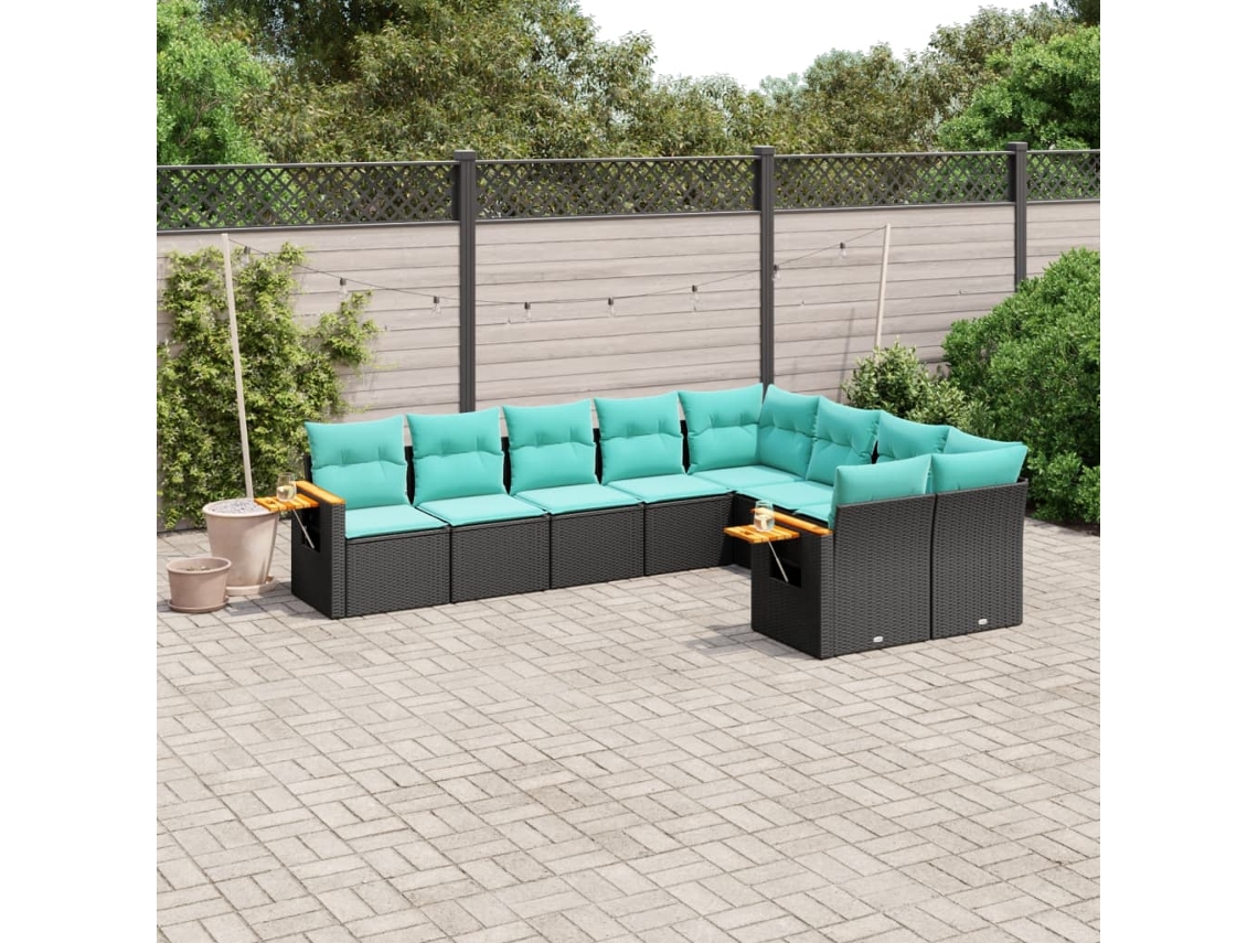 Vidaxl 9 Pcs Conjunto De Sofás P/ Jardim C/ Almofadões Vime Pe Preto